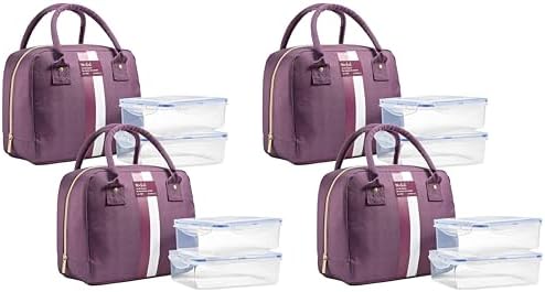 Fit & Fresh Bloomington Lunch Bag for Women - Insulated Large Lunch Box for Work with Containers, Leak-Resistant, Stain-Resistant, Zipper Closure, Plum Stripe (Pack of 4)