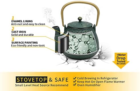 Tea Kettle, TOPTIER Japanese Cast Iron Teapot with Infuser, Leaf Design Cast Iron Tea Pot Stovetop Safe Coated with Enameled Interior for 40 Ounce (1200 ml), Dark Green