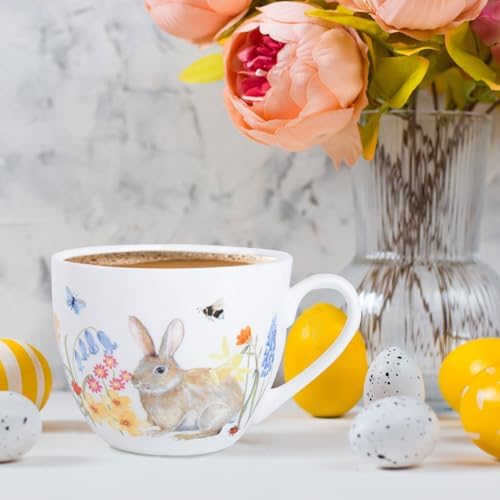 20 oz Bunny Coffee Mug with Spring Flowers & Happy Days Slogan, Premium Bone China Rabbit Coffee Cup, Cute Garden Gift for Women, Family&Friends, Designed in England by Harvest Green Studio