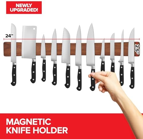 24 Inch Acacia Wood Magnetic Knife Holder with Multipurpose Use, Magnetic Knife Holders for Kitchen, Wooden Knife Rack, Magnet Strips for Knives & Metal Utensils, Tool Holder, Art Supply Organizer