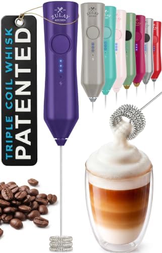 Zulay Kitchen Rechargeable Milk Frother Handheld - Frother Wand, Drink Mixer, Electric Whisk Frother, for Cappuccinos, Matcha & Protein Powder - Dynamic Triple Whisk, 3 Speed 500mAh Purple