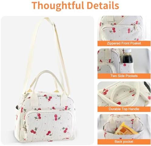Mziart Lunch Box for Women Men, Cute Cherry Lunch Bag Large Leakproof Thermal Lunchbox Cooler Tote Bags with Adjustable Strap for Work Picnic Travel Beach