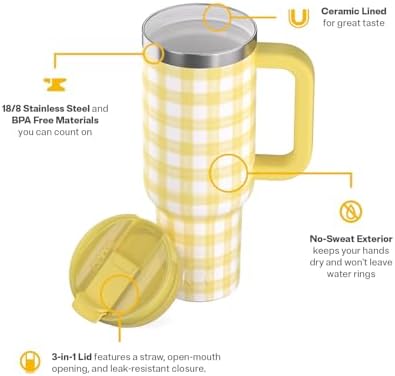 RTIC 40oz Road Trip Tumbler, Insulated, Ceramic Lined, Sunlight Gingham