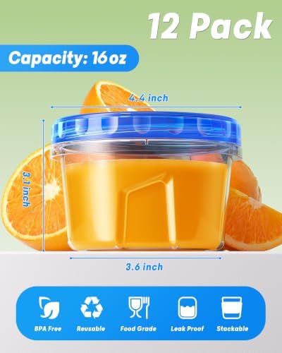 BiuLeon 12 Pack-16oz Freezer Storage Containers, Plastic Food Storage Containers with Twist Top Lids, BPA Free and Reusable Soup Containers with Lid, Microwave and Dishwasher Safe