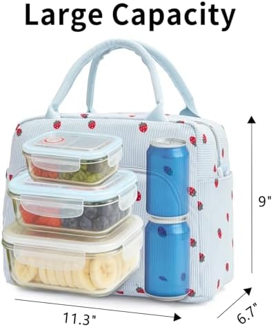 GASSDA Lunch Box for Women Insulated Lunch Bag Women Adult Cute Lunch Bags Reusable Lunchbox Cooler Tote Bag for Work Picnic (Blue-Strawberry)