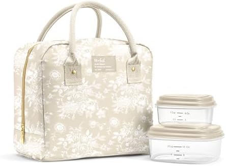 Fit & Fresh Bloomington Lunch Bag for Women - Insulated Large Lunch Box for Work with Containers, Leak-Resistant, Stain-Resistant, Zipper Closure, Tan Toile