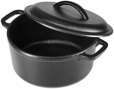 Amazon Basics Pre-Seasoned Cast Iron Mini Dutch Oven Pot with Lid and Dual Handles, Oven Safe, 2-Quart, Round, Black