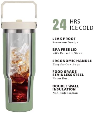 30oz Insulated Tumbler with Handle and Straw Cup,Greenwhite