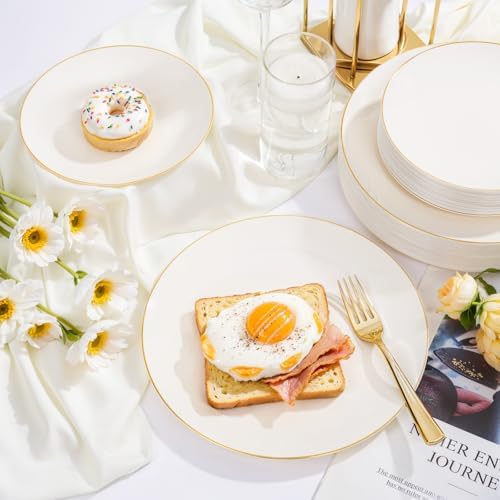 Nervure 100Pcs Ivory and Gold Plastic Plates - 10.25inch Disposable Ivory Dinner Plates - Heavy Duty Plastic Plate Ideal for Wedding & Party (Pack of 2)