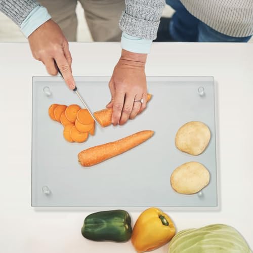 Mymonfif Tempered Glass Cutting Board for Kitchen, Clear Glass Board for Countertop, Heat Resistant, with Non-Slip Feet, 12x16" 1Pcs