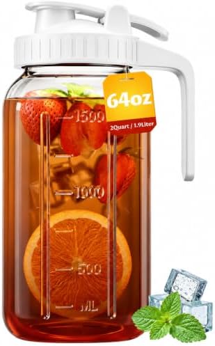 64oz Mason Jar Pitcher, 2quart Glass Pitcher with Lid for Tea & Cold Brew