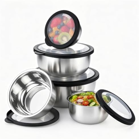 E-far Mixing Bowls with Lids Set of 5, Stainless Steel Nesting Salad Bowls