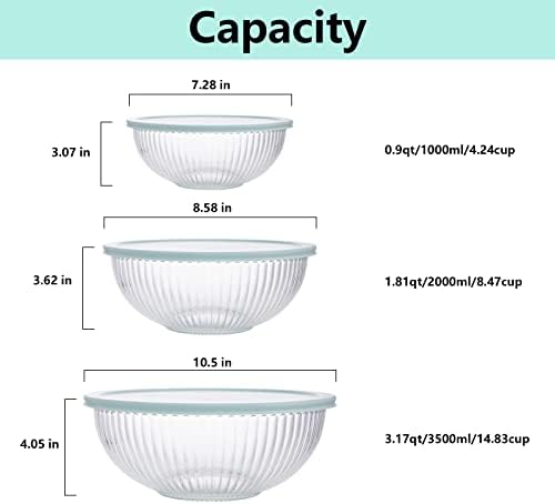 WhiteRhino Glass Mixing Bowls with Lids Set of 3(3.7QT, 2.1QT, 1.1QT),Large Kitchen Salad Bowls, Space-Saving Nesting Bowls, Clear Glass Serving Bowls for Cooking,Baking,Prepping,Dishwasher Safe