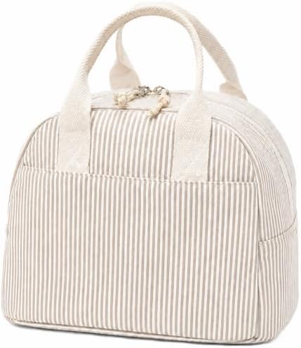 LOVELYWIND Lunch Box for Women, Insulated Lunch Bag,Brown Stripe Tote