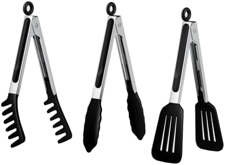 HST Non Stick Cooking Tongs Silicone Tips, 3 Pack 12 Inch Black BBQ Baking