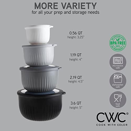 COOK WITH COLOR Prep Bowls with Lids- Wide and Deep Nesting Plastic Small Mixing Bowl Set with Lids, 8 Piece Set - Deep Bowls, Black/White