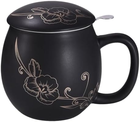 Yundu 12 OZ Ceramic Mug with Lid & Tea Strainer - Matte Black Tea Cup with Golden Flower, Stainless Steel Infuser for Loose Leaf Tea