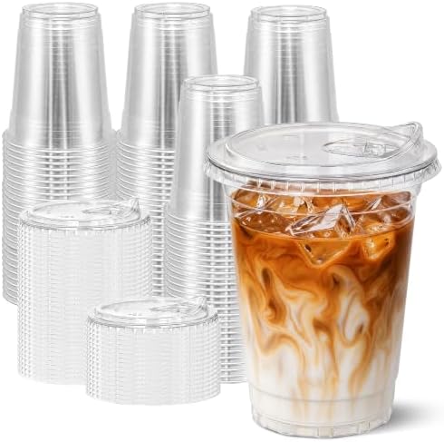 Ginkgo 100 Pack 16 oz Clear Plastic Cups with Strawless Sip Lids