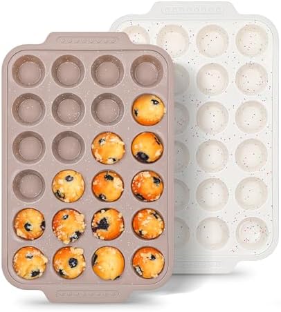 2 Pcs Silicone Muffin Pans for Baking with Metal Reinforced Frame, Nonstick Cupcake Tray for Oven, 24 Cups Mini Size Silicone Molds for Egg Bites, Dishwasher Safe (Brown, Cream)