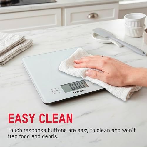 Taylor Compact Glass Kitchen Food Scale, 11 lb Capacity Digital Scale for Baking, Cooking, Meal Prep, Portion Control, Thin Lightweight Design, Easy-to-Read Display, White