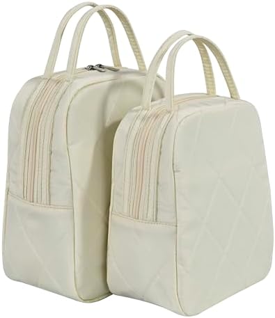 Machine Washable Women Quilted Fabric Insulated Reusable Cooler Lunch Bag Tote Adult Thermal Lunch Box Storage Bag for Ｗork (Cream)