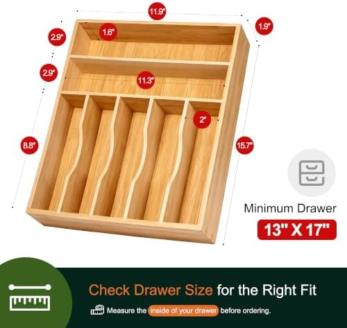 Kitchen Bamboo Silverware Organizer, Kitchen Drawer Organizer - Utensil Holder and Cutlery Tray with Grooved Drawer Dividers for Flatware 7 Slot, Natural