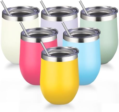 12oz/6 Pack Stainless Steel Wine Tumbler with Lid and Straw, Double Wall Vacuum Insulated Wine Tumbler Glasses, Stemless Travel Mugs for Hot and Cold Drinks, Coffee, Wine, Cocktails（Mix Color-1）
