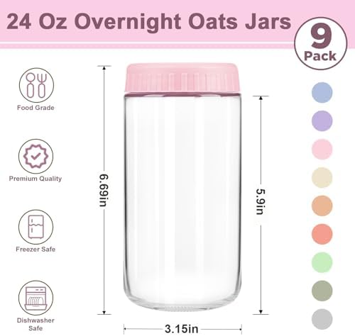Overnight Oats Containers with Lids, 24oz Wide Mouth Mason Jars with Lids, 9 Pack Glass Jars with Airtight lid for Chia Pudding Yogurt Salad, Meal Prer Oatmeal Jars, Pink