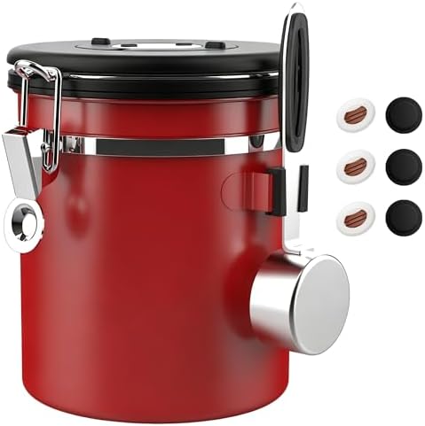 ShanSon Coffee Canister Airtight, Stainless Steel Bean Storage Container with Date Tracker & Scoop, Grounds Sugar Flour Tea Cereal Fits Kitchen Pantry, Ideal Gift for Coffee Lovers,16oz,Red