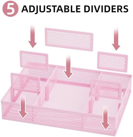 Marbrasse 2 Pack Desk Drawer Organizer, Mesh Drawer Organizer Tray with 8 Adjustable Compartments, Desk Organizers and Accessories, 5 Dividers Drawer for Office Supplies, Makeup & Vanity (Pink)