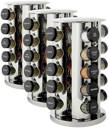 Kamenstein Revolving Countertop Spice Rack with Spices Included, FREE Spice Refills for 5 Years, Polished Stainless Steel with Black Caps, 30020, 20 Jar (Pack of 3)