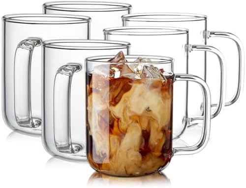 Glass Coffee Mugs, 12 oz iced coffee cups, Clear Tea Cups Set of 6, Glass Mugs with Handles, Glass Cups for Latte, Cappuccino, and Tea