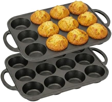 Flavehc 2pack Cast Iron Muffin Pans for Baking 12 Cup Regular Size Cupcake Pan with Handle Pre-Seasoned Muffin Pans Molds