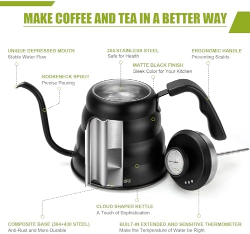 Tea Kettle For Stovetop,Gooseneck Pour Over Kettle,Thermometer,40oz,Black