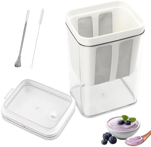 1800ml Greek Yogurt Maker & Strainer with Straw Spoon, Brush & Mesh Bag