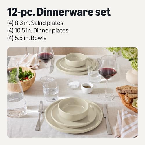 Amazon Basics Glazed Stoneware Dinnerware Set, Ceramic, Dishwasher-Safe, Freezer-Safe, 4 Full Place Settings, 12-Piece, Ivory