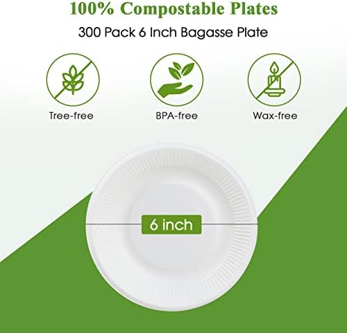 Vplus 100% Compostable Small Paper Plates, 300 Pack 6 Inch, Uncoated