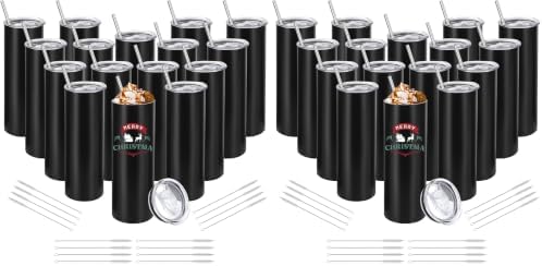 YOUKE OLA 32 Pack Stainless Steel Skinny Tumblers Straight Double Wall Insulated Tumbler Bulk with Lid and Straw for, DIY Gift, 20oz Black