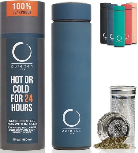 Pure Zen Tea Insulated Tea Infuser Bottle, 15 oz, Tea Thermos with Infuser