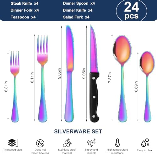 24-Piece Rainbow Silverware Set with Steak Knives Black Stainless Steel Flatware Set for 4 Food Grade Tableware Cutlery Set Rust-proof, Mirror Polished, Dishwasher Safe
