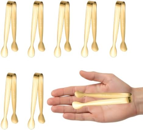 8PCS Gold Mini Metal Tongs,4.3"/11cm,Stainless Steel 304,for Ice Cube,Sugar