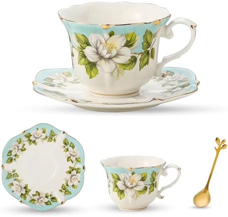 TATSUMI Country Roses Bone China Tea Cup and Saucer Set, 3 Pieces, Vintage Style, For Women and Tea Parties(Light Green, 1 set)