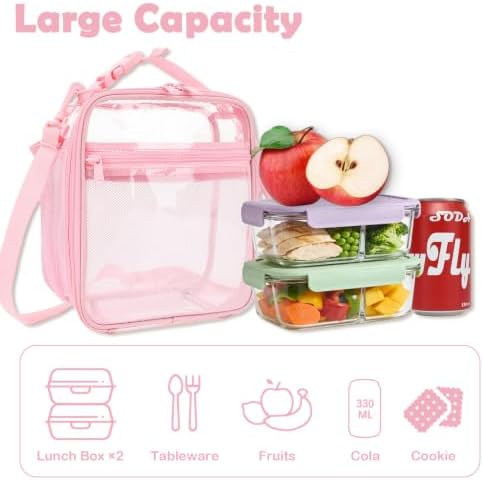 FlowFly Kids Lunch box Insulated Soft Bag Mini Cooler Back to School Thermal Meal Tote Kit for Girls, Boys, PinkClear