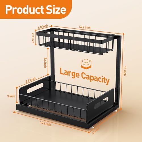Under Kitchen Sink Organizer, Metal Pull Out Bathroom Organizers and Storage, 2-Tier Cabinet Organizer Shelf with Sliding Drawer, Home Organization for Kitchen, Laundry, Pantry, Black, 1 pack