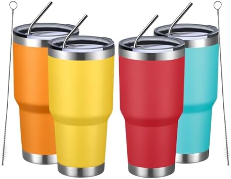 MEWAY 30oz Insulated Tumbler With Lids and Straws,Stainless Steel Double Vacuum Coffee Tumbler Cup, Brush, Durable Powder Coated Coffee Cup for Cold & Hot Drinks, Office, Travel(mixture,4 PACK)