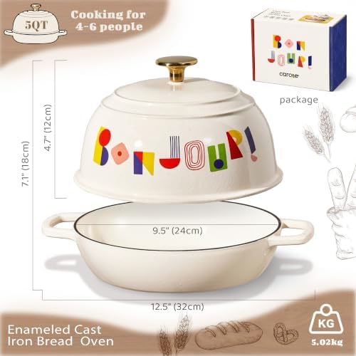 CAROTE Cast Iron Dutch Oven Pot with Lid, 5QT Round Bread Oven, Bonjour