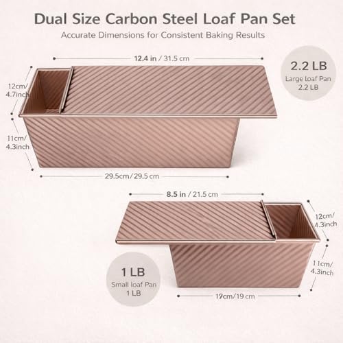 3-Pack Bread Pan with Lids, 2.2LB & 1LB & 1LB Dough Capacity, Non-Stick Carbon Steel Pullman Loaf Pan for Baking, Professional Toast Box Mold with Baking Tools - Gold