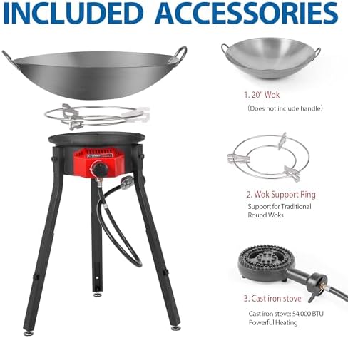 OuterMust Outdoor Cooker Wok Station with Cover, Iron Wok, Electronic Ignition & Adjustable Support Stand, 54000 BTU Burner for BBQ, Backyard