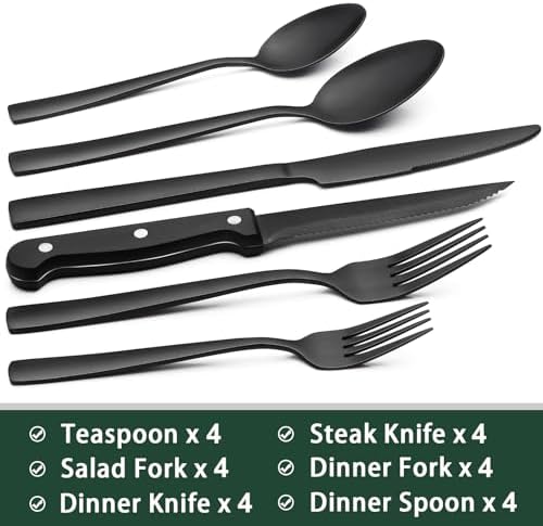 EWFEN 24-Piece Black Silverware Set with Steak Knives, Black Flatware Set for 4, Food-Grade Stainless Steel Tableware Cutlery Set, Mirror Finished Utensil Sets for Home Restaurant, Square Edge