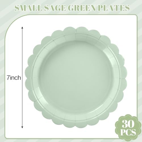 NatNarr 30 Pcs Dessert Plates Disposable, 7 Inch Scalloped Sage Green Birthday Cake Plates Small Appetizer Paper Plate for Baby Bridal Shower, Wedding (Pack of 3)